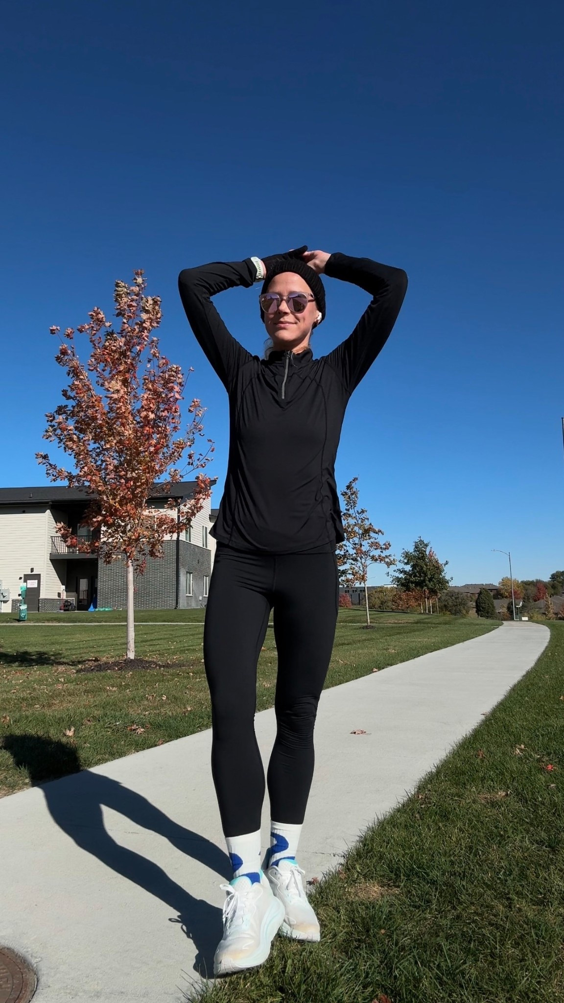 Crisp fall run under the bluest sky. All-black running set with a lightweight half-zip top, leggings, and white running shoes — simple, sleek, and made for movement.

#runningoutfit #fallrunning #runnerslook #ltkrun #ltkactive #runnergirl #halfmarathontraining #runnastyle #morningrun #blackoutfit #runningmotivation #ltksport #fitnessstyle

#LTKActive #LTKSeasonal #LTKStyleTip