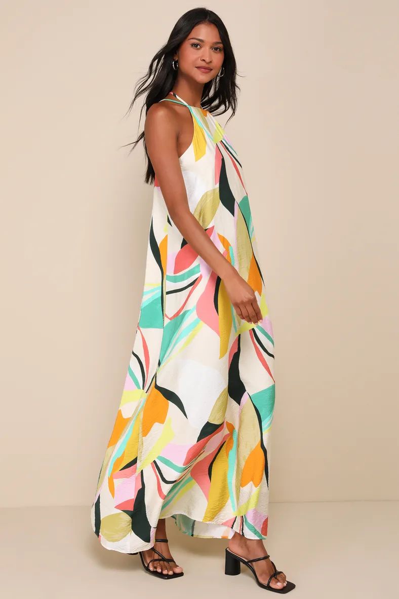 Wonderful Bliss Beige Multi Abstract Print Backless Maxi Dress | Lulus