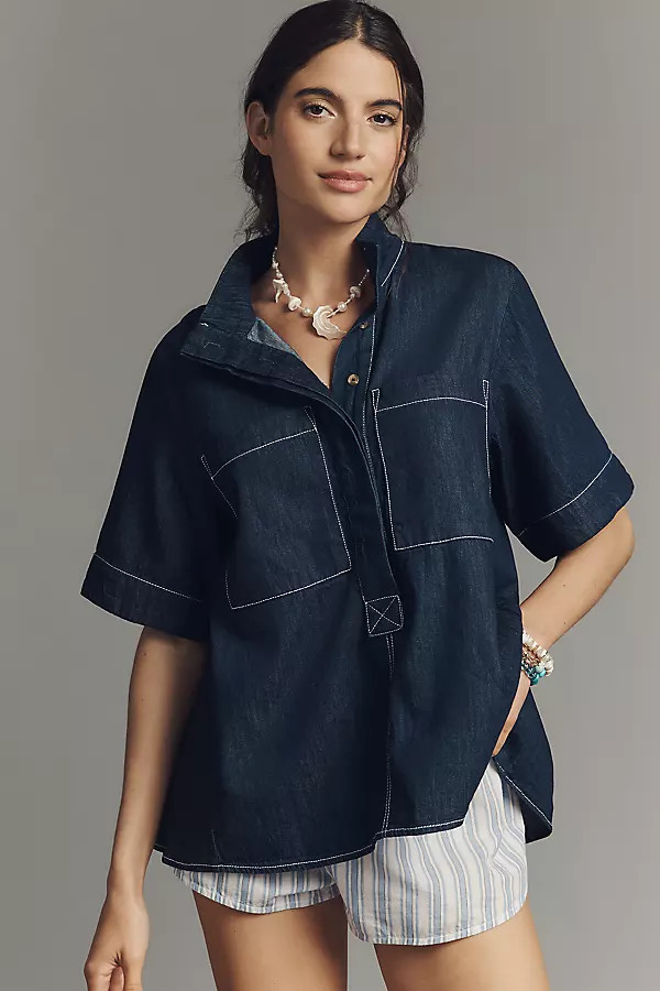 The Jeannie Short-Sleeve Henley Blouse by Maeve | Anthropologie (US)