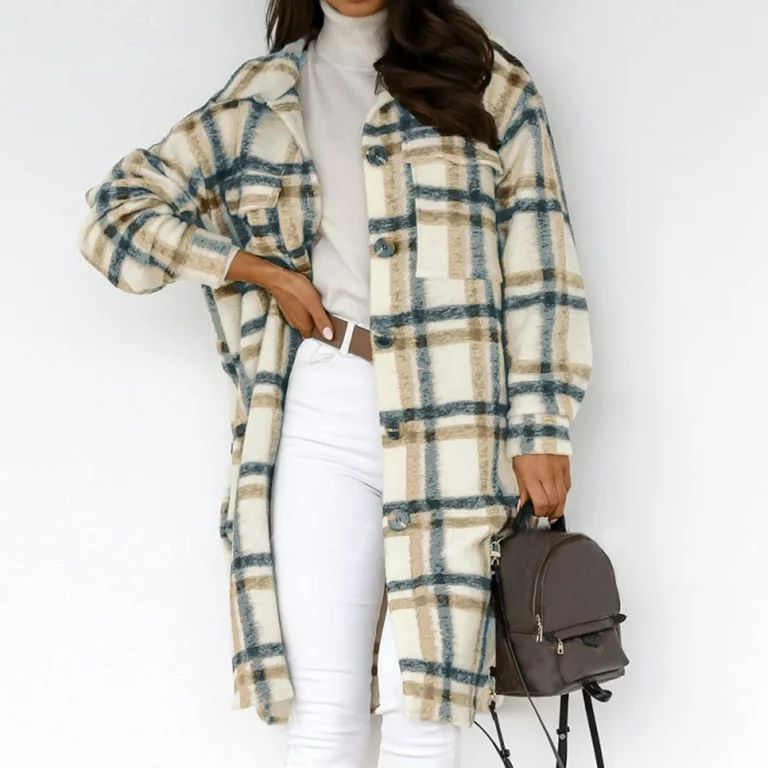 JSGEK Discount Womens Plaid Long Wool Blend Coat Shacket Jackets Long Sleeve Button Down Casual B... | Walmart (US)