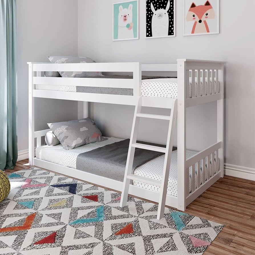 Max & Lily Low Bunk Bed, Twin-Over-Twin Wood Bed Frame For Kids, White | Amazon (US)