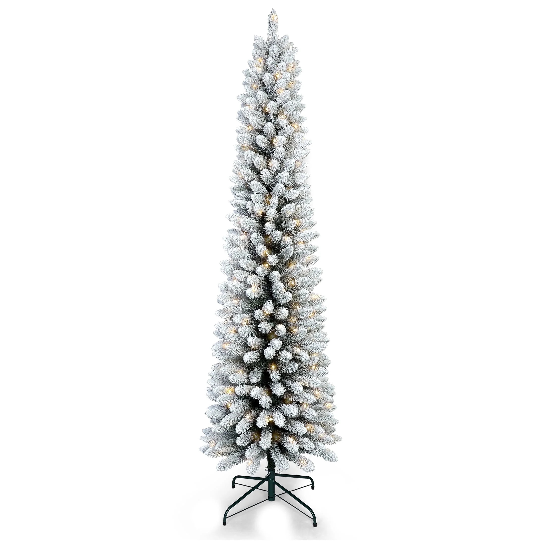 Mayhihi 6FT Pre-lit Snow Flocked Pencil Christmas Tree, Fir Slim Skinny Corner Xmas Tree with 150... | Walmart (US)