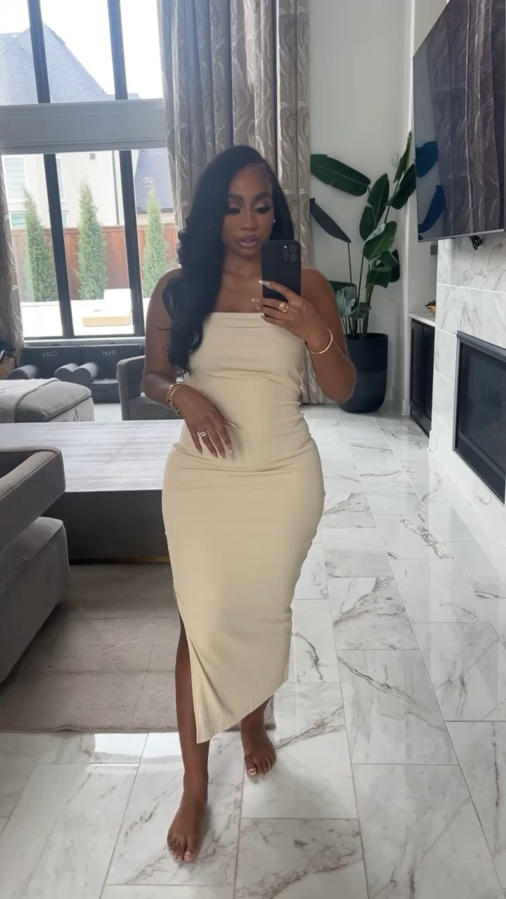 Amazon dress find! Ribbed strapless bodycon dress with a side slit! Staple for warm weather & great wedding dress choice! Wearing a Medium!

#LTKfindsunder50 #LTKstyletip #LTKSeasonal