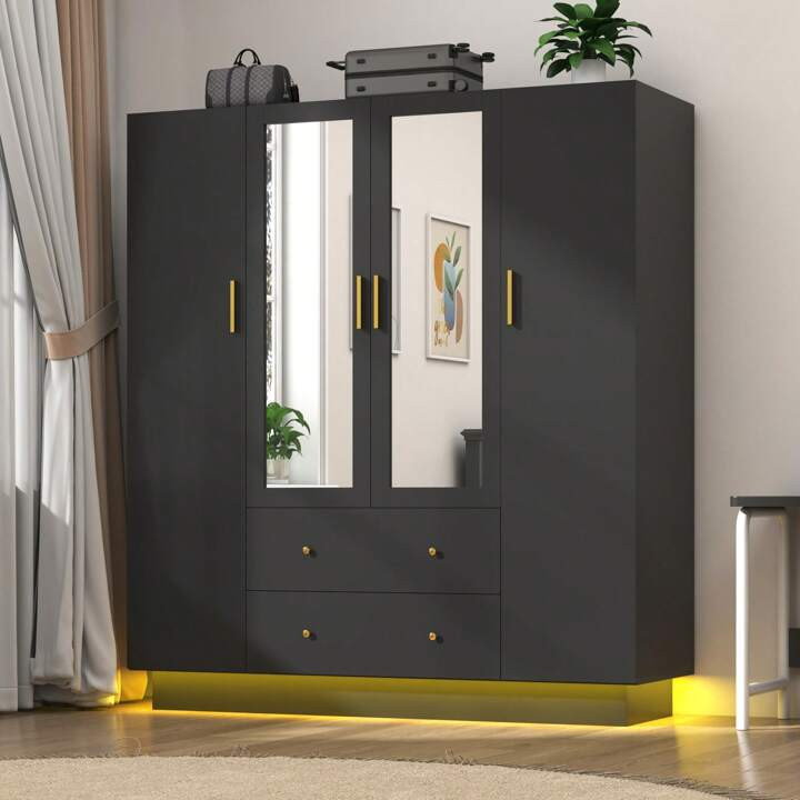 4 Doors Wardrobe Closet With Mirror & LED Lights, Bedroom Armoire With Drawers & Shelves, Modern Wooden Armoire Wardrobe Closet With Hanging Rod For Bedroom,Black | SHEIN