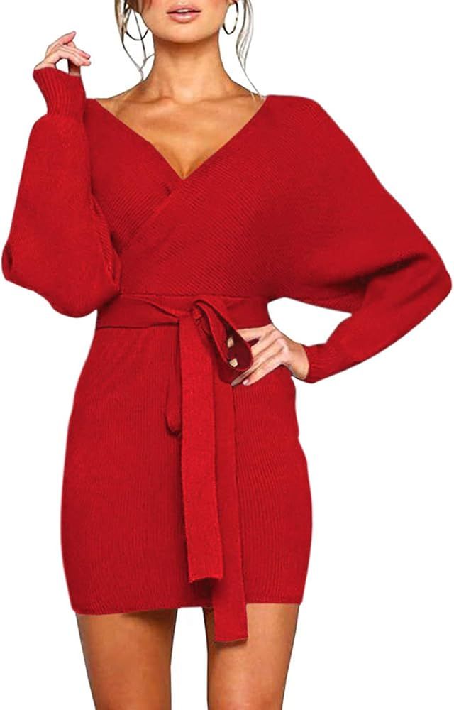 Cutiefox Women's Sexy Deep V Neck Sweater Dress Batwing Sleeve Backless Bodycon Knit Mini Dress w... | Amazon (US)