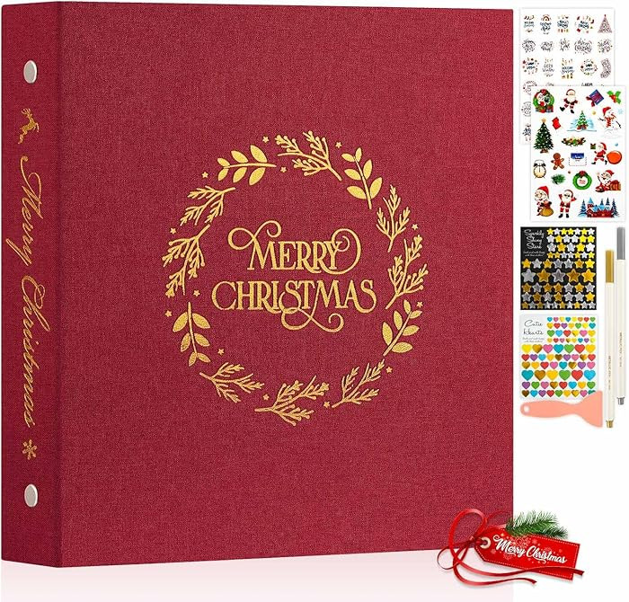 Lanpn Christmas Self Adhesive Photo Album, Linen Merry Chrismas Wreath Pattern Scrapbook DIY Memo... | Amazon (US)