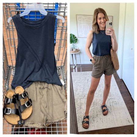 Walmart mineral wash tank, go with your usual size. Soft shorts check local stock, so comfy! Fit tts. 

#LTKunder50 #LTKstyletip #LTKunder100