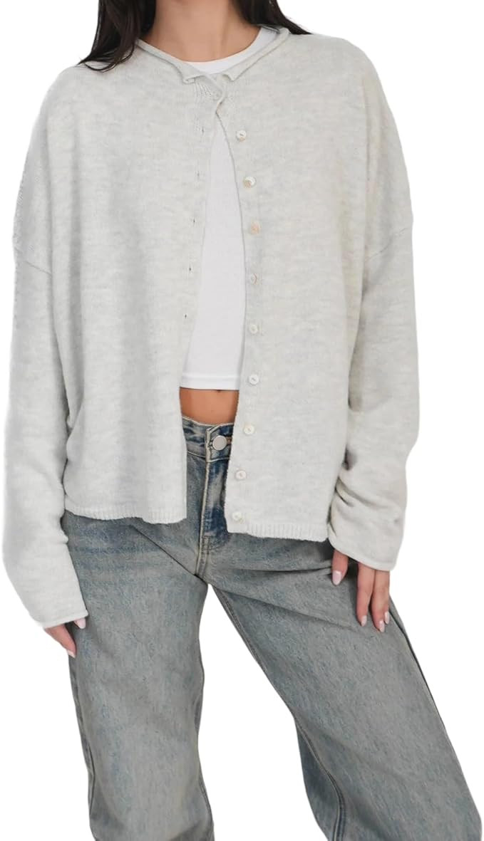 Seyurigaoka Women’s Long Sleeve Crew Neck Button Down Cardigan Sweater Open Front Loose Soft Kn... | Amazon (US)