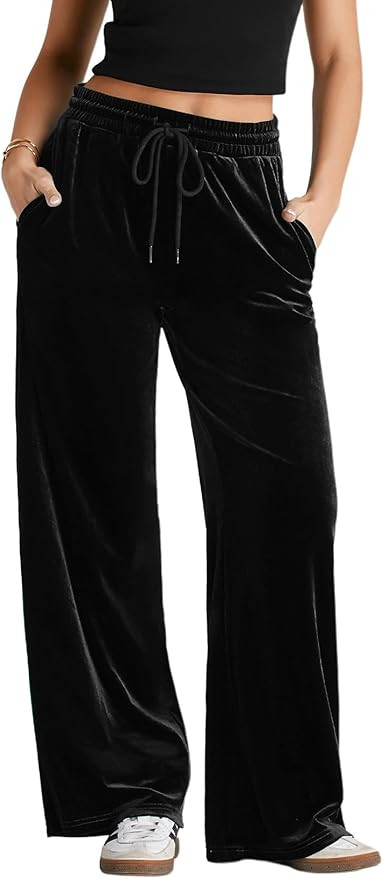 Herseas Women's Velvet Pants Drawstring Waist Wide Leg Casual Lounge Pant | Amazon (US)