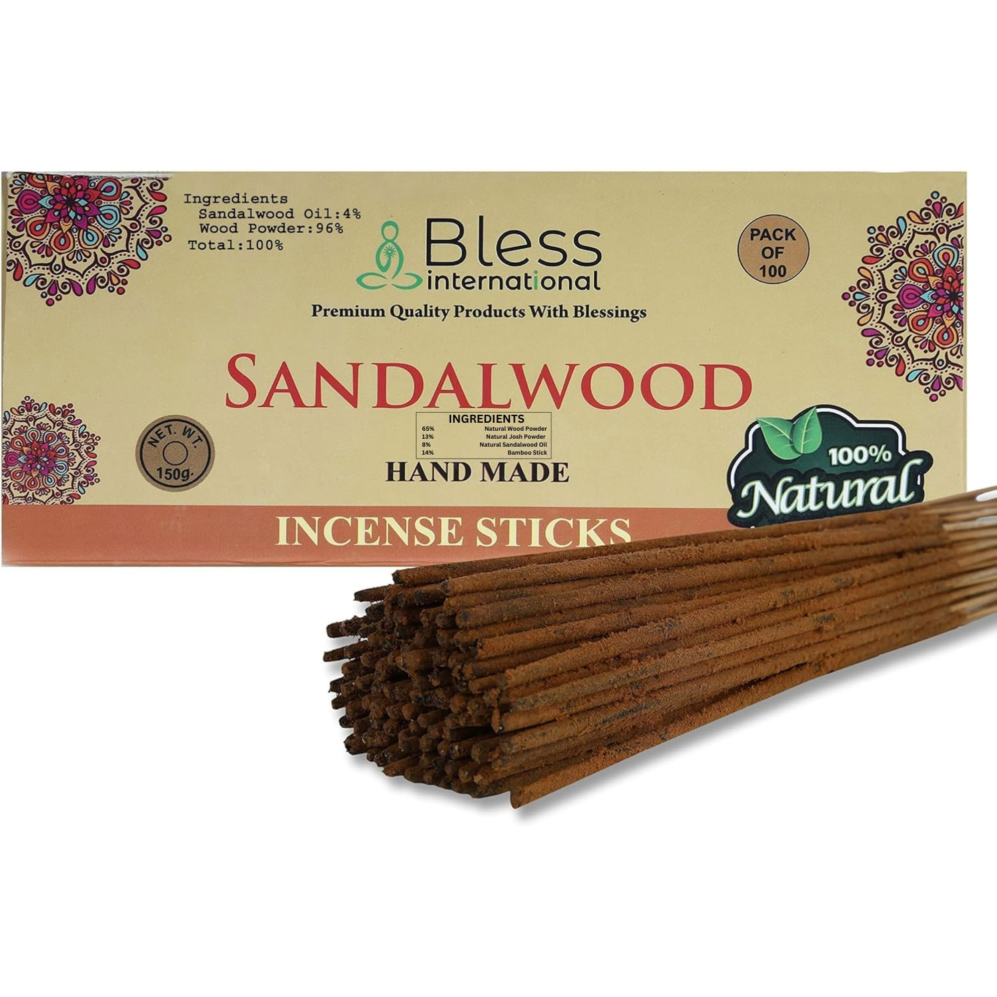 Bless-Sandalwood 100%-Natural-Handmade-Hand-Dipped-Incense-Sticks Organic-Chemicals-Charcoal-Free Purification-Relaxation-Positivity-Yoga-Meditation Best-Woods-Scent (100 Sticks (5.25 OZ)) | Amazon (US)
