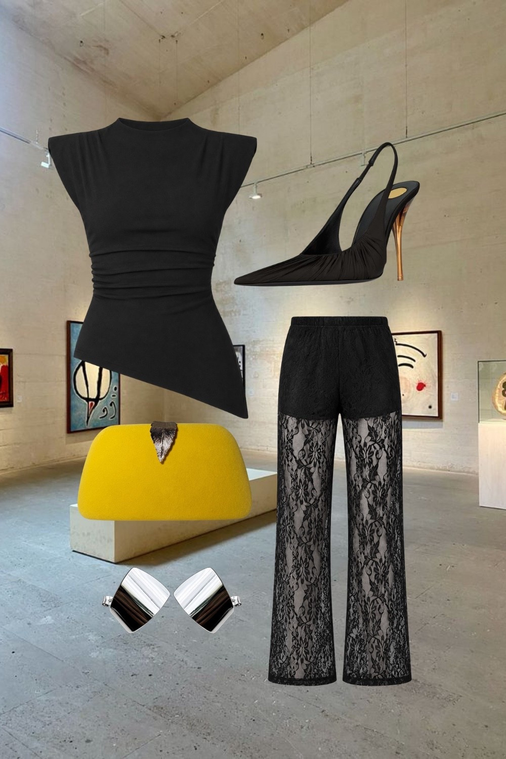 A gallery-night look that keeps the palette minimal but the details anything but. Sheer lace pants, an asymmetric black top, sculptural heels, and a pop of yellow give this outfit a polished, artful edge.

#LTKootd #LTKSeasonal #LTKdayinmylife