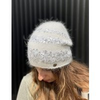 White Women's Winter Hat Angora Beanie With Sequins For Women Slouchy Women's Soft Sequin Embellish | Etsy (US)