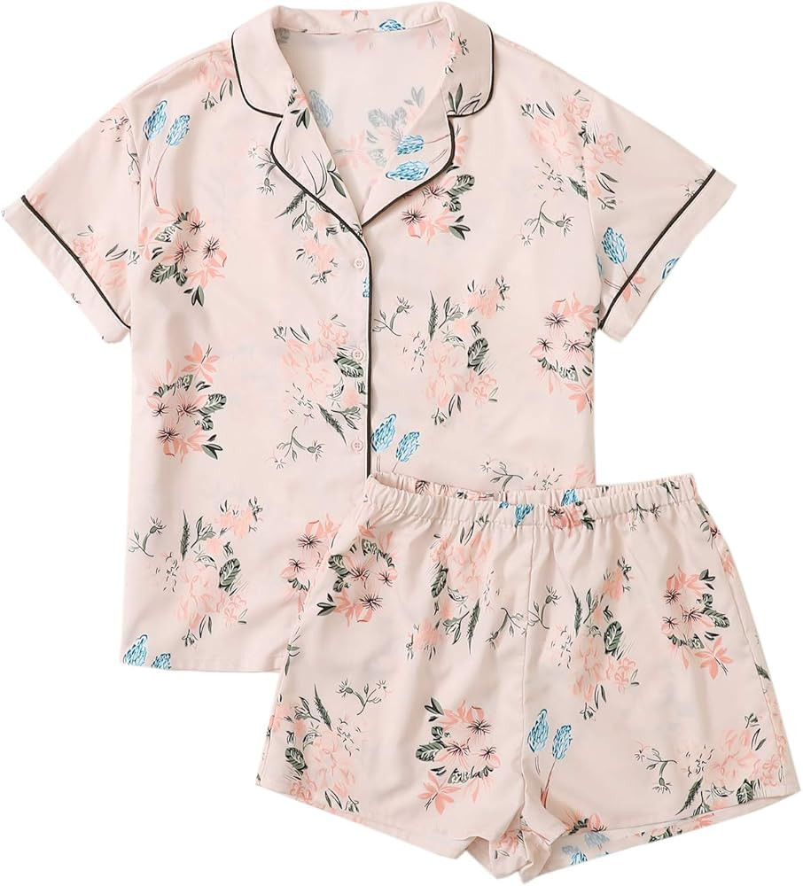 Floerns Women's Notch Collar Palm Leaf Print Sleepwear Two Piece Pajama Set | Amazon (US)