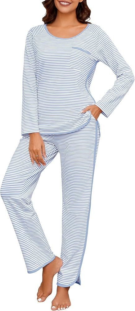 Womens Cotton Pajama Sets Stripe 2 Piece Lounge Set Long Sleeve Comfy Pj Sets Fall Loungewear Sle... | Amazon (US)