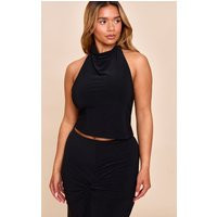Shape Black Halter Neck Tie Back Gold Trim Cowl Top | PrettyLittleThing US