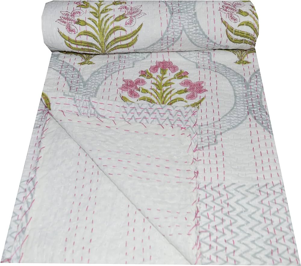 V Vedant Designs Indian Hand Block Print Twin Kantha Bedspread,Kantha Blanket Cotton Bedcover (90... | Amazon (US)