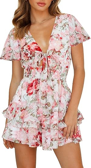 AIMCOO Women's Long Puff Sleeves Knot Front Short Dress Smocked Waist Solid Ruffle Mini Dresses V... | Amazon (US)