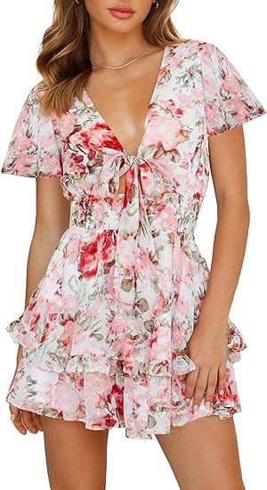 AIMCOO Women's Long Puff Sleeves Knot Front Short Dress Smocked Waist Solid Ruffle Mini Dresses V... | Amazon (US)
