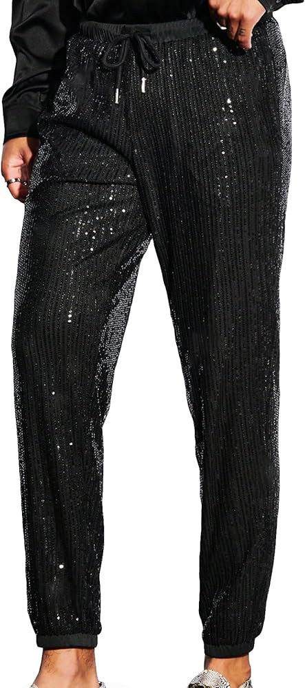 WDIRARA Men's Slant Pocket Contrast Sequin Drawstring Waist Long Solid Jogger Pants | Amazon (US)