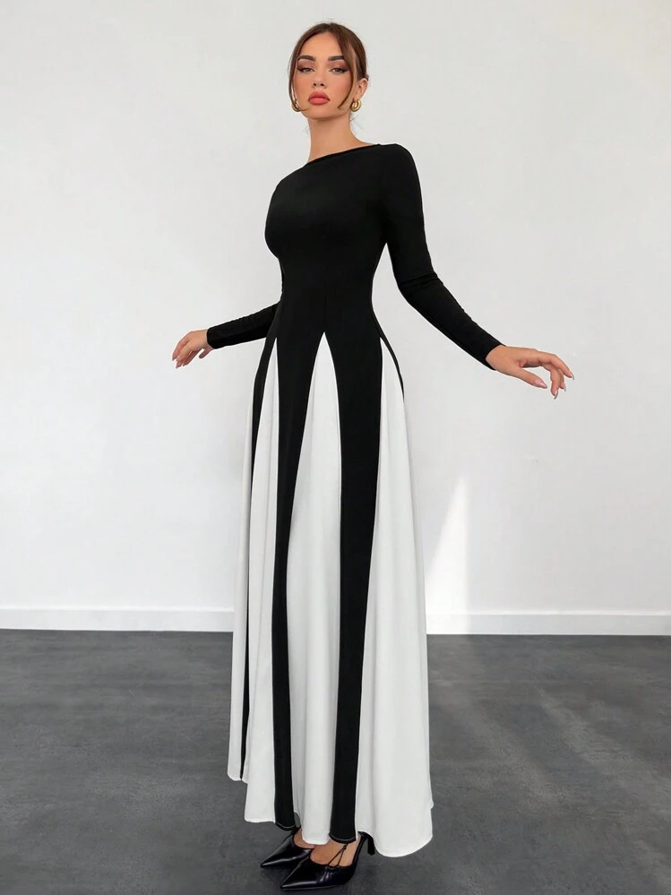 Aloruh Women's Elegant And Sexy New Off Shoulder Black And White Color Block Long Sleeve Black Dress Greek Goddess Dress Formal Dress Holiday Dress Fairy Dress | SHEIN