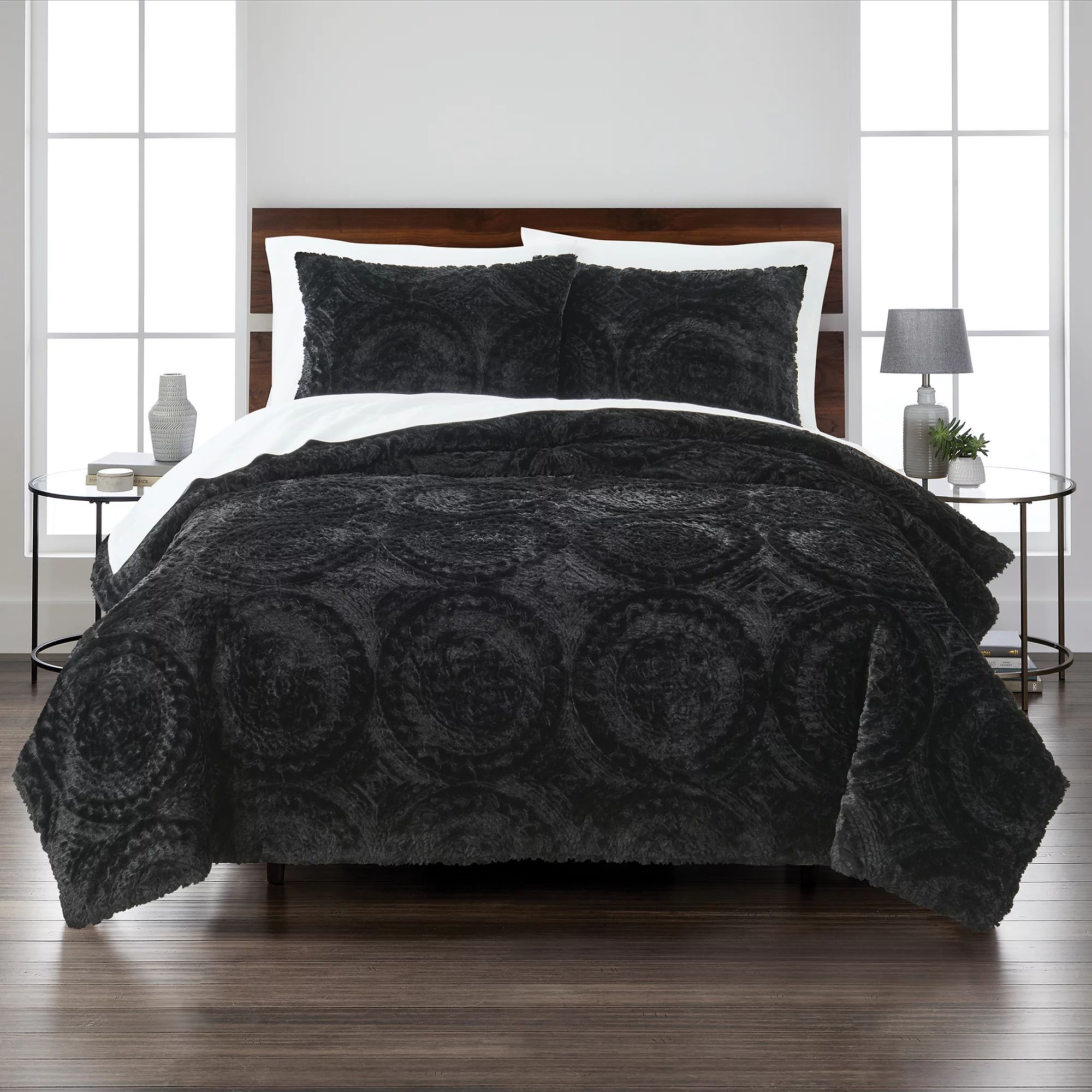 Better Homes & Gardens Embroidered Faux Fur 3-Piece Comforter Set, Full/Queen, Black | Walmart (US)