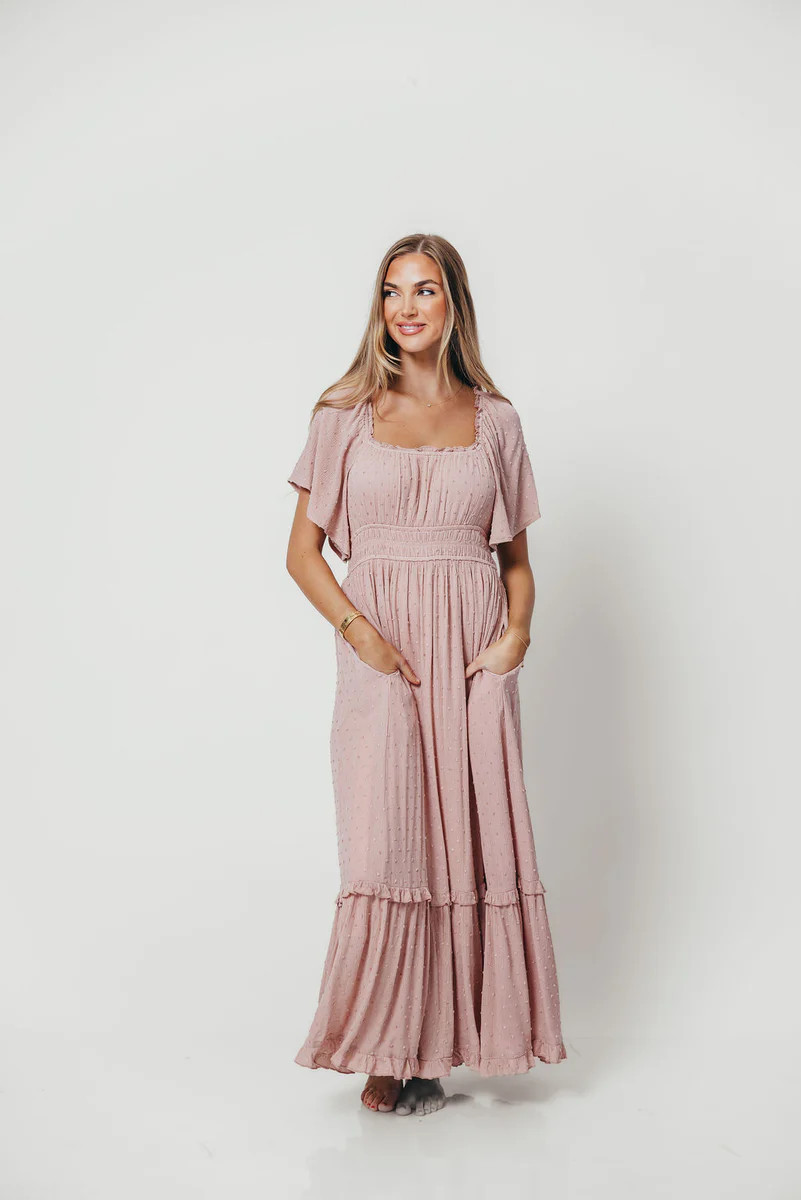 Sasha Swiss Dot Flutter Sleeve Maxi Dress in Tea Rose | Worth Collective