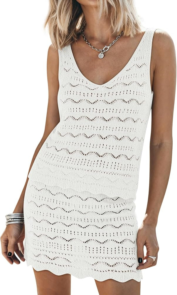Women's Summer 2 Piece Swimsuit Cover Up Sets Crochet Knit Sleeveless Tops Skirt Set Bathing Suit... | Amazon (US)