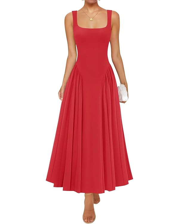 ZESICA Womens 2026 Summer Sleeveless Square Neck Sundress Casual Long Flowy A Line Beach Vacation... | Amazon (US)