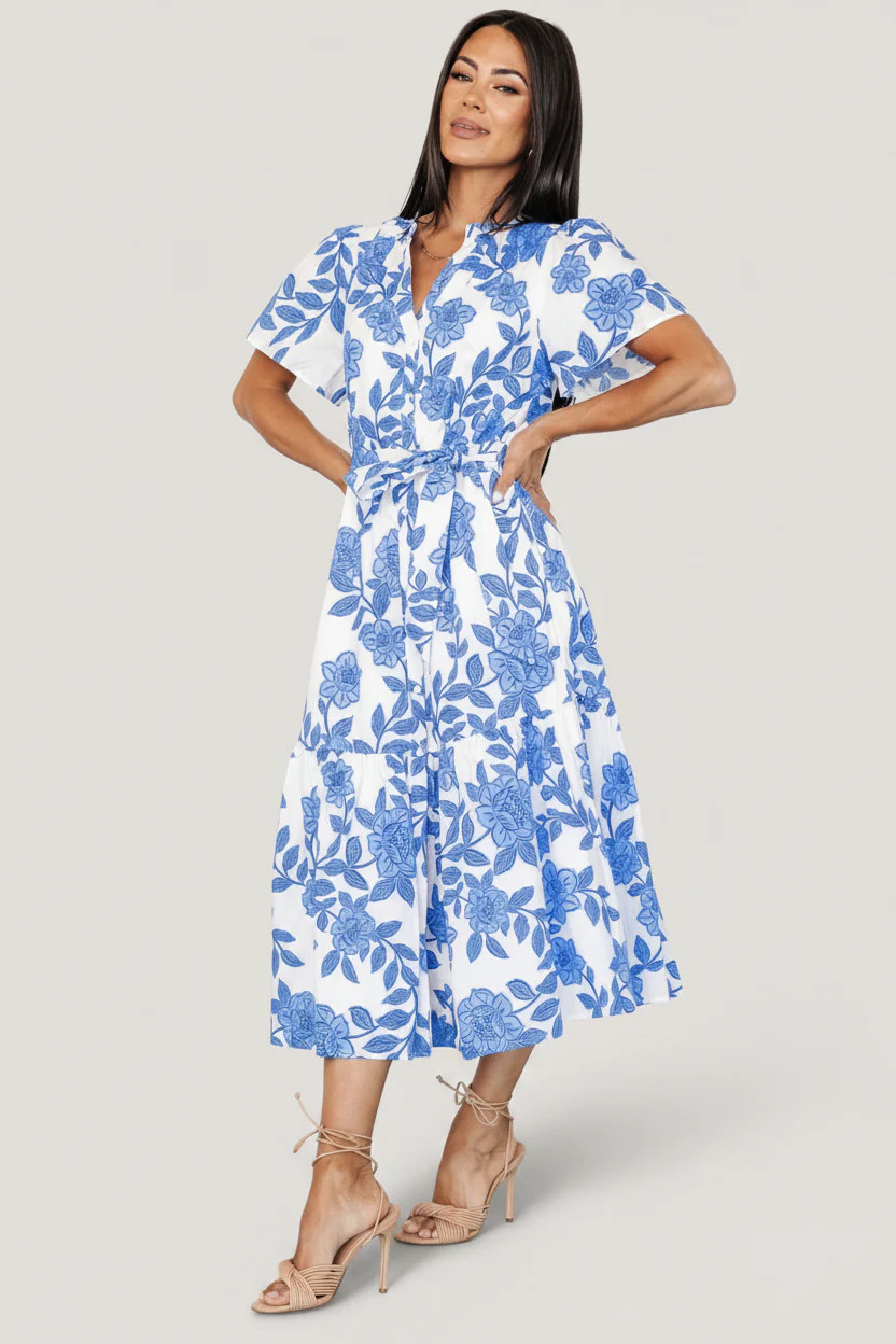 Lydie Button Midi Dress | White + Blue | Baltic Born