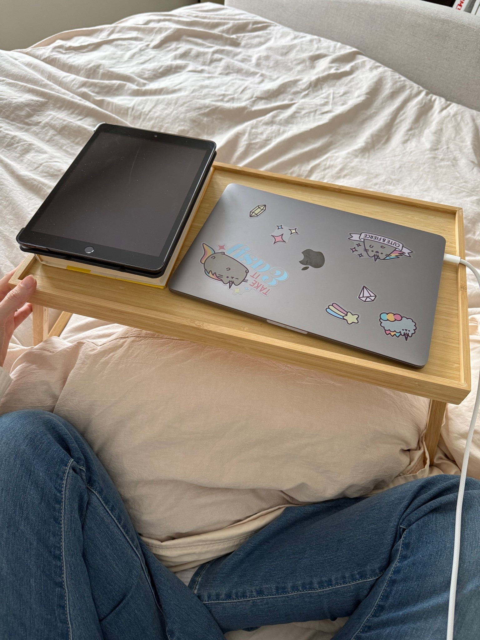 Loving this IKEA bed tray! Perfect to set up my laptop, book, drink, phone anything for some cozy down time in bed. Before buying this tray I put my laptop on a stack of pillows but it kept overheating lol so my laptop can actually breathe now and doesn’t overheat! Plus it’s much more aesthetic! I can even put my legs under it and have it over top of me. 

#LTKgiftguide #LTKhome #LTKfamily