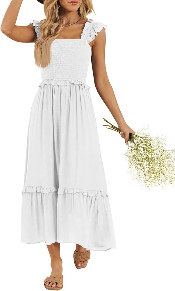 LILLUSORY Womens Midi Dresses 2023 Summer Smocked Sleeveless Flowy Long Maxi Dress | Amazon (US)