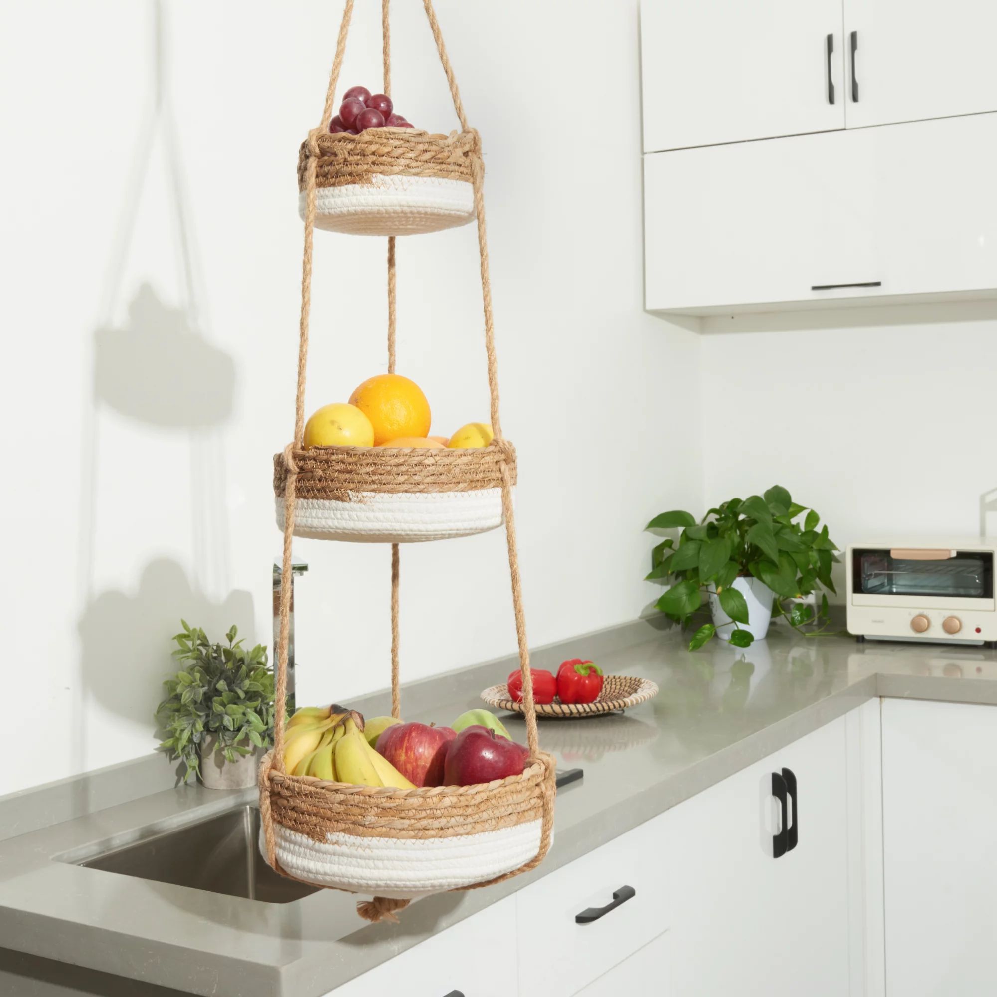 3-Tier Wicker Hanging Basket, Tiered Fruits Basket, Natural Wicker &Cotton Hanging Baskets For Ki... | Walmart (US)