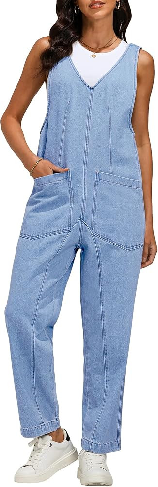 luvamia Jean Overalls for Women Sleeveless Denim Jumpsuit Casual Baggy Overall Jumpsuits Loose Fi... | Amazon (US)