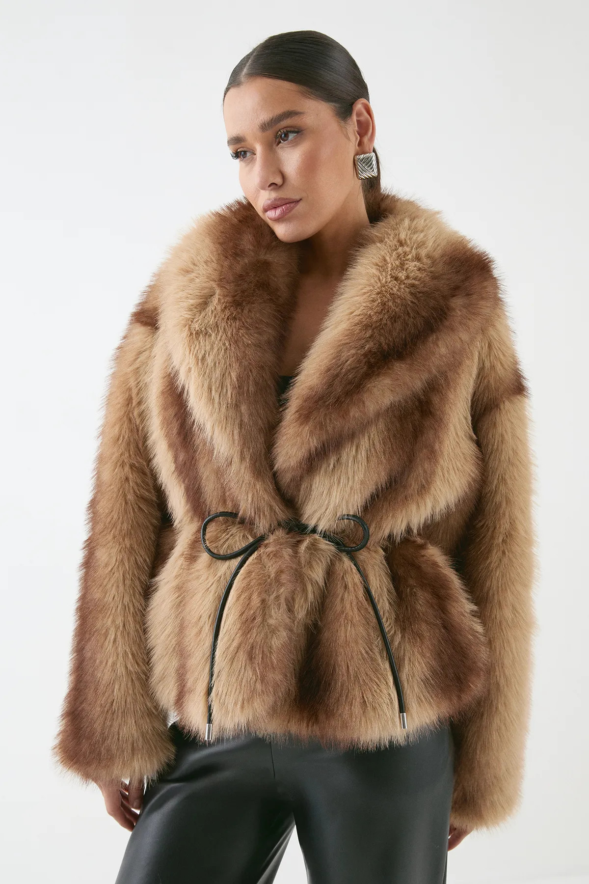 Faux Fur Wide Collar Belted Jacket | PrettyLittleThing US