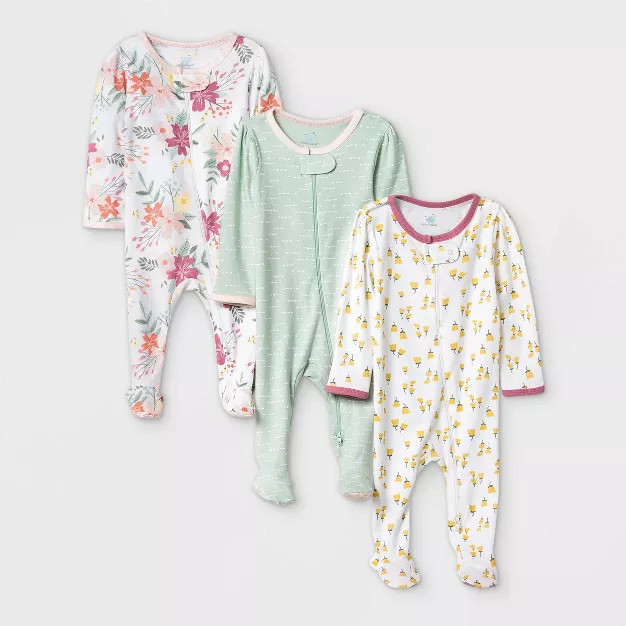 Baby Girls' 3pk Meadow Zip-Up Sleep N' Play - Cloud Island™ White/Mint/Yellow | Target