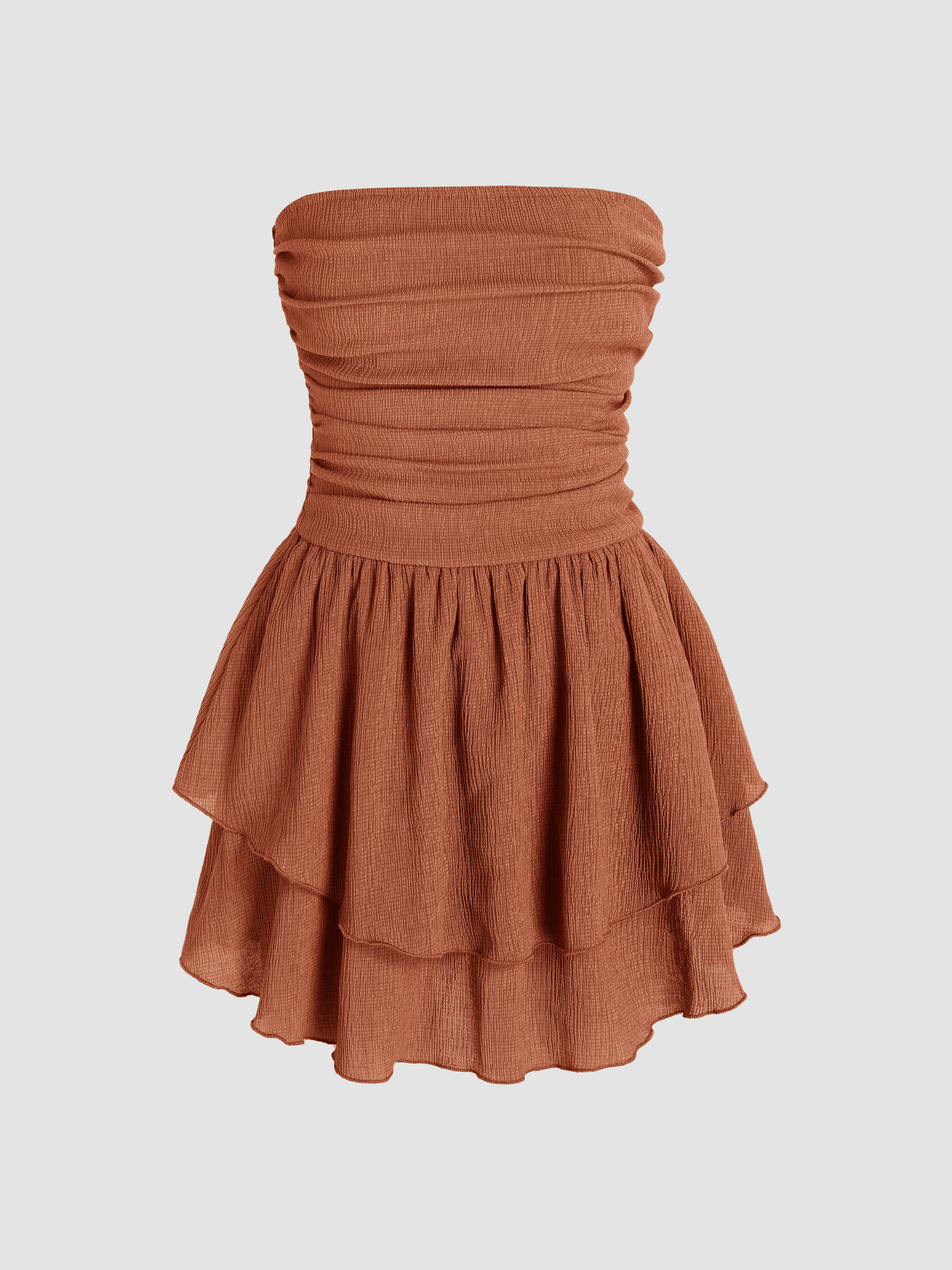Western Outfits Woven Tube Ruched Ruffle Mini Dress For Daily Casual Date Vacation | Cider