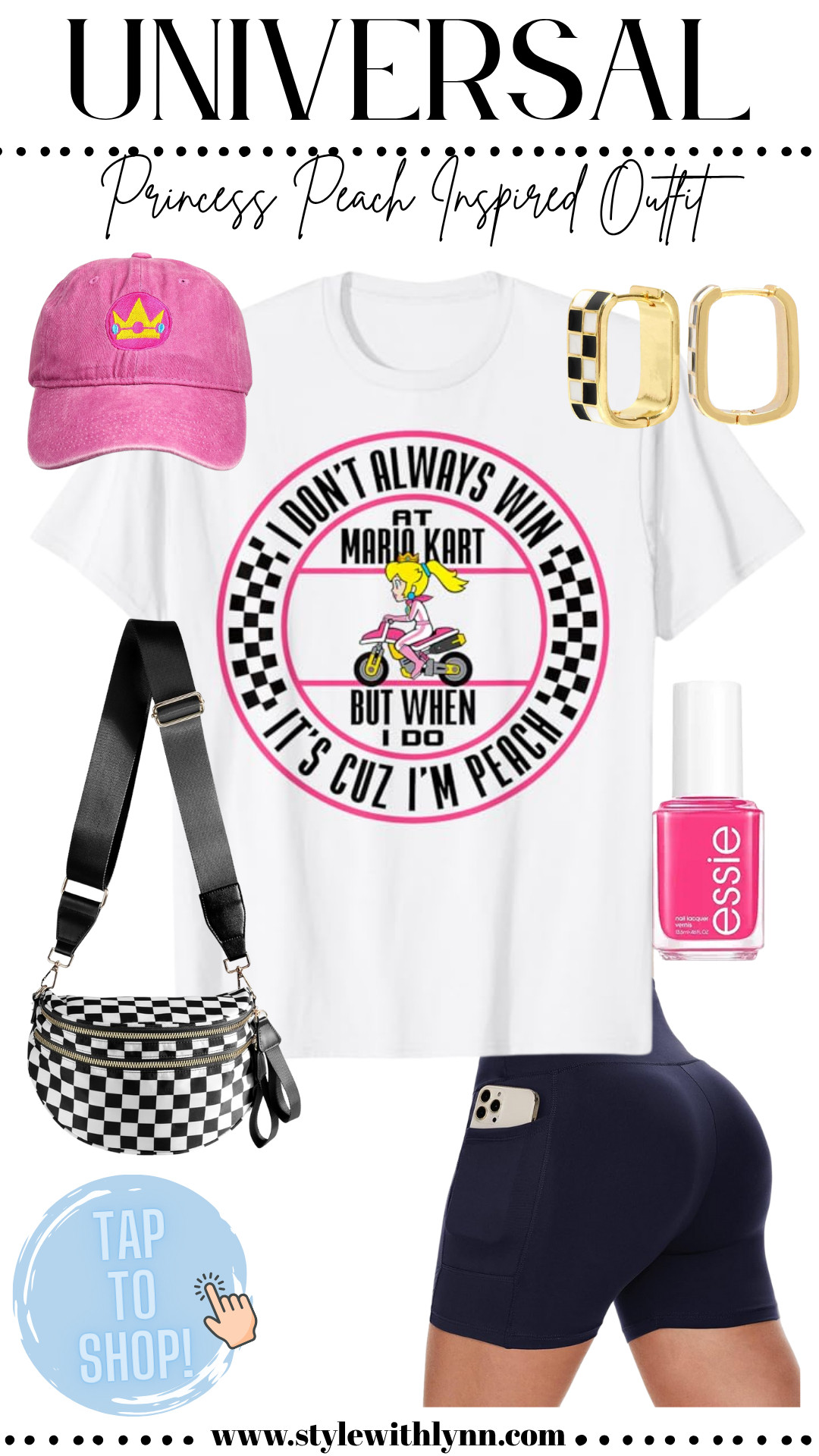 Get race-day ready with this Princess Peach inspired outfit—perfect for your next visit to Universal Studios Epic Universe and Super Nintendo World! 🎮💗 This playful look features a fun graphic tee, comfy biker shorts with pockets (a theme park must-have!), and the cutest pink crown hat to channel your inner Peach. I finished the look with checkered earrings, a matching crossbody bag, and a pop of pink nail polish for extra flair. 👑🏁

✨ Tap to shop this complete Super Nintendo World outfit idea and recreate this fun, functional, and Peach-perfect park look on your next adventure! 

 #PrincessPeachOutfit #UniversalStudiosStyle #EpicUniverseFashion #SuperNintendoWorldLook #ThemeParkStyle #WhatToWearToUniversal #LTKStyle #LTKUnder100 #LTKTravel