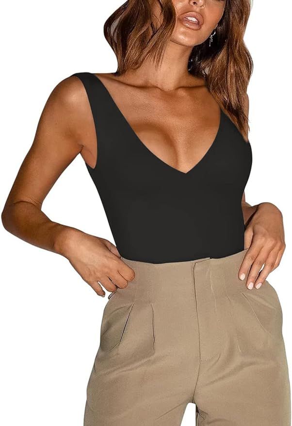WAYMAKER Bodysuit Tops Women's Deep V-Neck Sleeveless Body Suit Sexy Backless Tops Summer Slim Fi... | Amazon (US)