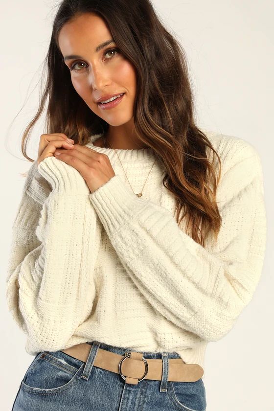 Snow Falling Ivory Patchwork Knit Balloon Sleeve Sweater | Lulus (US)