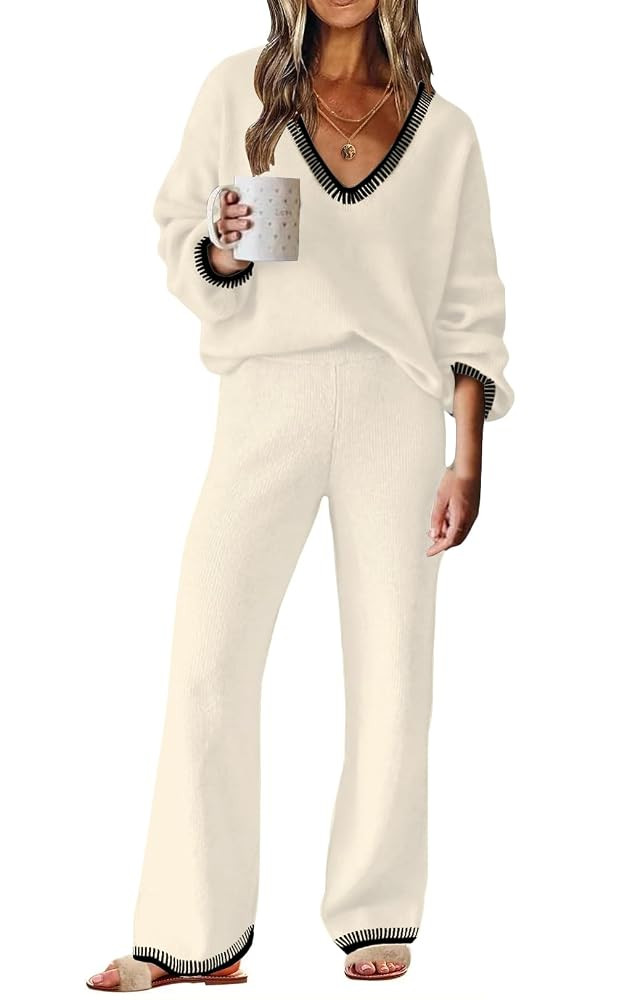 ETCYY NEW Womens 2 Piece Outfits Sweater Lounge Set Casual V Neck Knit Pajama Set Long Sleeve Top... | Amazon (US)