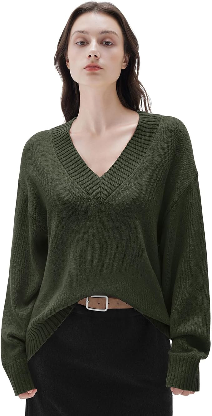 SUUKSESS Women Cashmere Blend Oversized V Neck Long Sleeve Pullover Sweaters | Amazon (US)