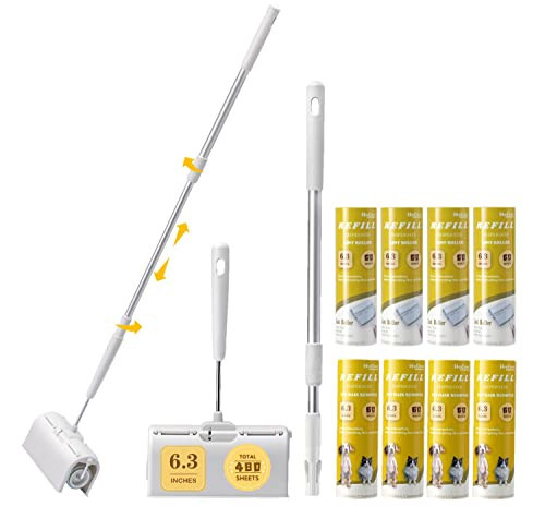 Large Surface Lint Roller Extra Sticky with Extendable Long Handle Dust-Proof Cover 6.3'' Wider 480 Sheets/8 Refills, Long Handle Sticky Mop for Cleaning Furniture Carpet Floor Curtains and Pet Hair | Amazon (US)