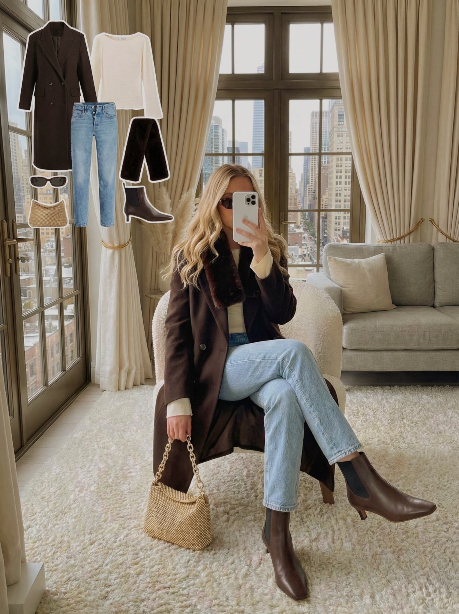 ✨ Chic Contrast Layers ✨

A polished winter outfit built around rich chocolate tones and crisp soft neutrals. The long coat with its faux fur collar adds a refined touch, while the cream knit keeps the look light and balanced. Light wash denim brings a casual ease that pairs beautifully with the sleek chocolate ankle boots.

The woven mini bag adds texture and warmth, and the dark sunglasses finish everything with a subtle cool edge.

🤎 Style Notes:
• Dark tailored coat with faux fur for elevated warmth
• Soft cream knit for contrast
• Light denim for an easy everyday base
• Sleek chocolate boots for a refined silhouette
• Woven mini bag to add texture and interest

Everything linked and ready to shop ✨

#LTKgrwm #LTKSeasonal #LTKootd