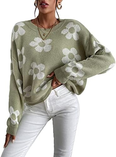 OYOANGLE Women's Ribbed Knit Long Sleeve Top Floral Drop Shoulder Loose Sweater | Amazon (US)