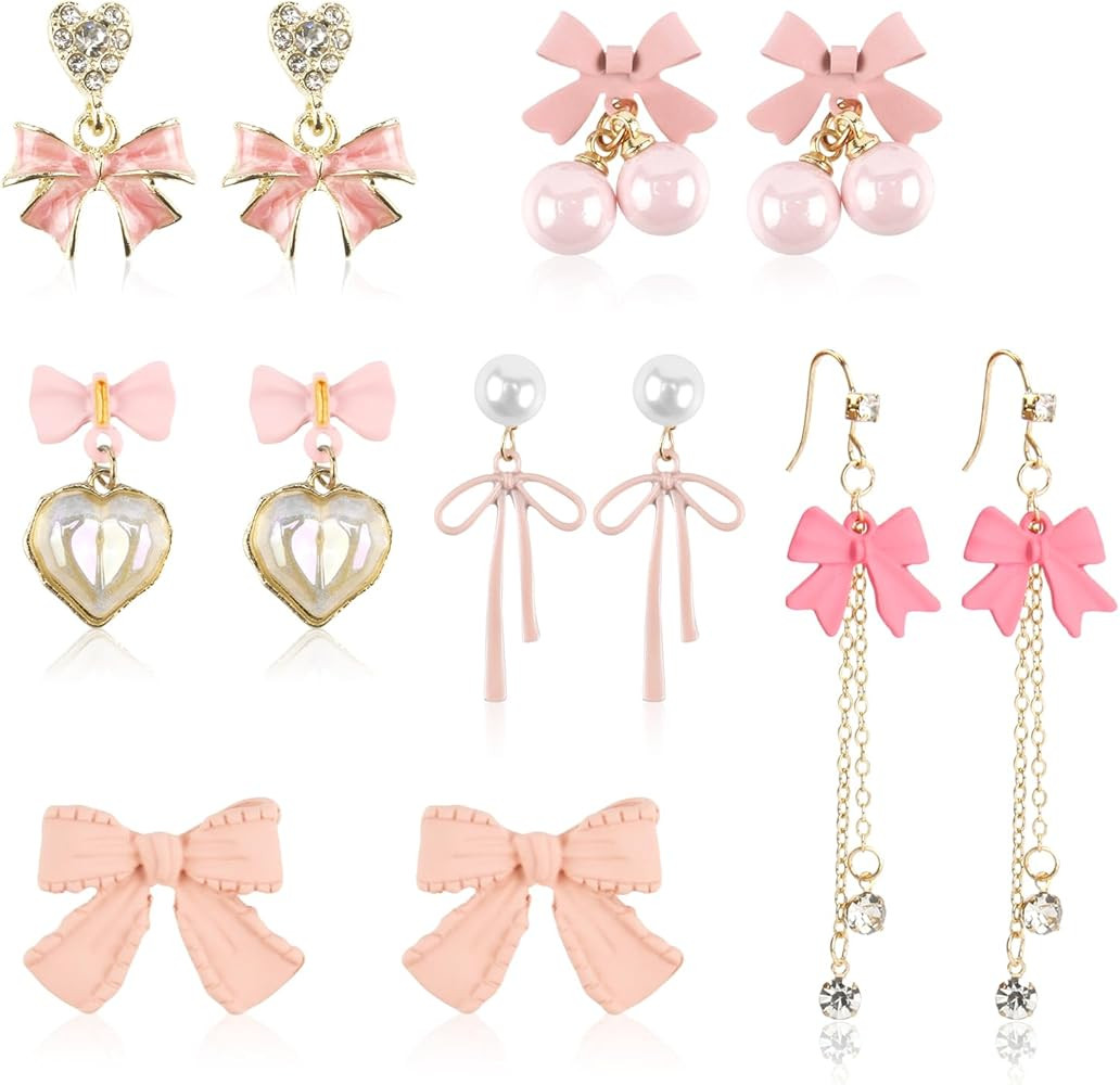 6 Pairs Pink Bow Earrings for Women, Light Pink Rhinestone Pearl Tassel Dangle Earrings Set, Cute... | Amazon (US)
