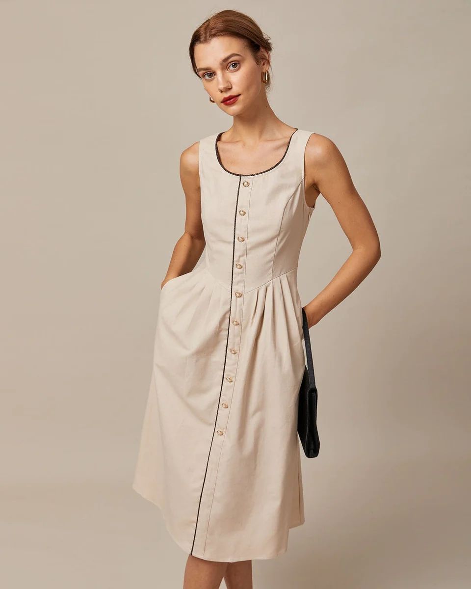 The Khaki Round Neck A-Line Midi Dress - Khaki A Line Button Up Sleeveless Dress - Khaki - Dresse... | rihoas.com