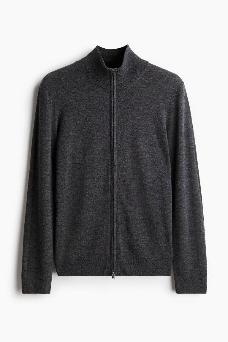 H & M - Slim Fit Merino Wool Cardigan with Zipper - Gray | H&M (US + CA)