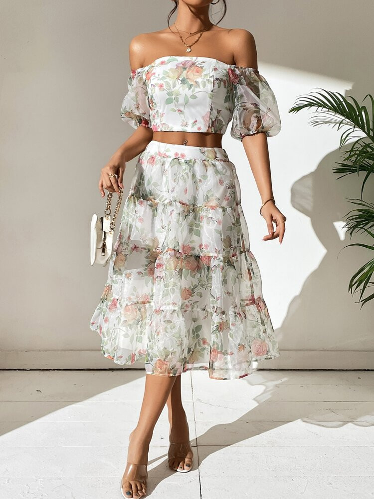 Floral Print Off Shoulder Top & Skirt | SHEIN