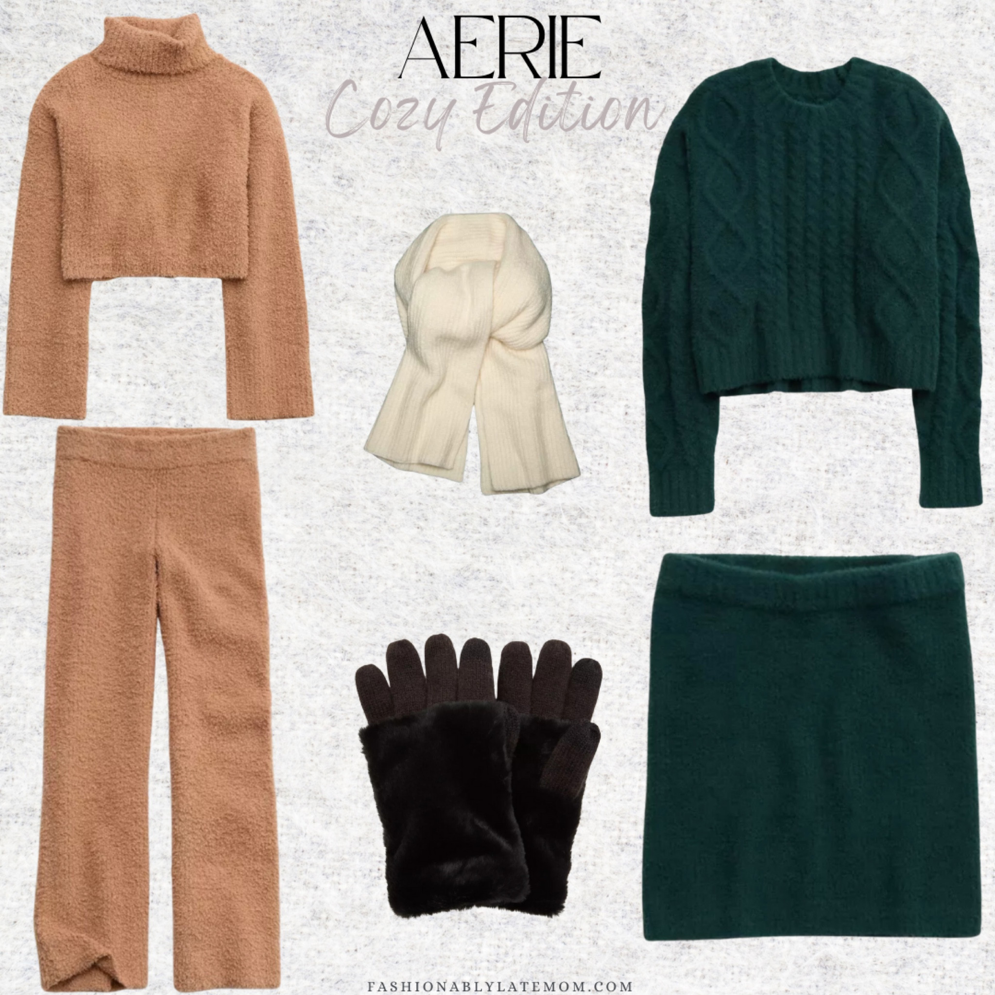 The cozy edition from Aerie! Check out these really soft cute sets! 
Fashionablylatemom 
Aerie finds 
Sweater 
Gloves 
Scarf 

#LTKSeasonal #LTKGiftGuide