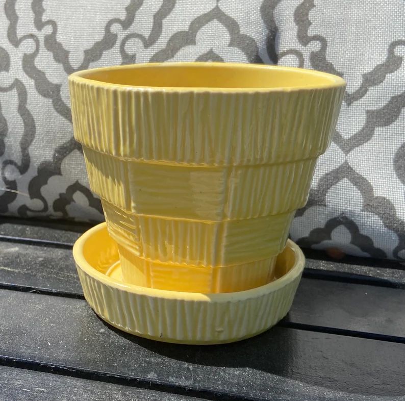 Vintage McCoy Yellow Small Ceramic Basket Weave Flower Pot Planter, McCoy Pottery Planter, Summer... | Etsy (US)